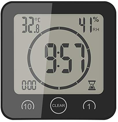Wowlela Shower Clock Dusche Uhr Wasserdicht, Badezimmer Uhr Digital mit Saugnapf LCD Display Luftfeuchtigkeit Temperatur Wanduhren, Countdown Timer