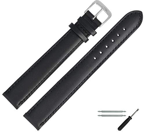 MARBURGER Uhrenarmband 22mm Leder Schwarz Silber Glatt Mit Naht - Montage Set 1012210000120
