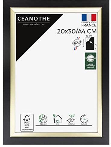 Ceanothe Cadre Photo 20x30 cm/A4 Noir et Doré Convient au A4 Baguettes avec finition intérieure de la Collection Actual Verre acrylique Incassable Fabriqué en France