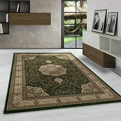 Carpetsale24 Orientteppich Grün 240x340 cm – Kurzflor Teppich im klassischen Vintage Stil für großes Wohnzimmer, Essbereich, offene Räume – Pflegeleicht, strapazierfähig, dekorative Raumwirkung