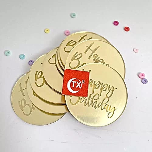 6 Pack Happy Birthday Cupcake Topper - 2 Round Disks: Gold, Rose Gold & Silver Acrylic Cake Topper Laser Cut Party Decoration (6 Disks)