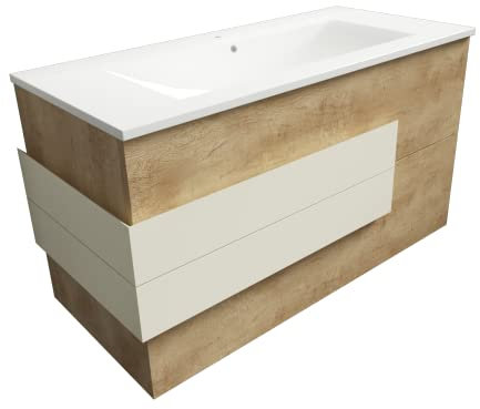 Atrios Modelo Leo Conjunto Baño Estilo Madera con 2 Cajones, Lavabo Porcelánico y Suspendido en Pared, Mueble MONTADO, Laminado Roble, 60 cm