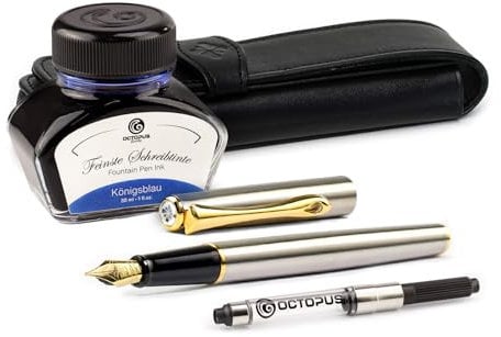 Diplomat Traveller Edelstahl vergoldet Füllhalter-Set, Füllhalter aus Metall im Set mit Stiftetui aus Leder, Schreibtinte in Königsblau und Tintenkonverter, Füller mit Edelstahlfeder Stärke M