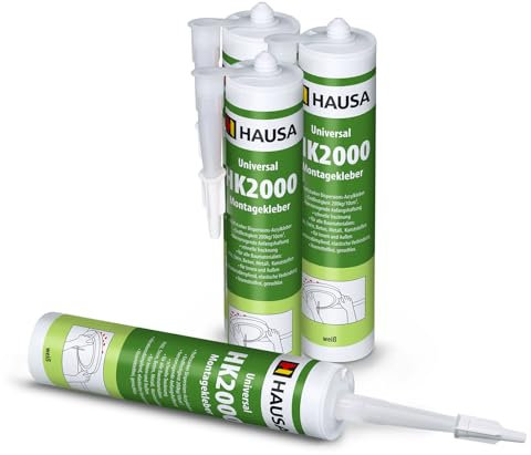 Hausa Construction Klebstoff HK2000 Styroporkleber Starke Anfangshaftung, Weiße und Elastische Fuge, Lösemittelfrei, Überstreichbar, Geruchsneutral, alterungs- und UV-beständig, extra stark, 4x 310ml