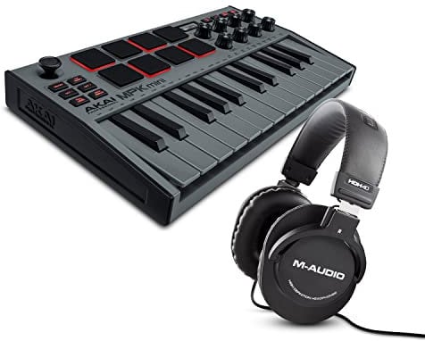 AKAI Professional MPK Mini MK3 Grau und M-Audio HDH40 – 25-Tasten USB MIDI Keyboard Controller, 8 hintergrundbeleuchtete Drum Pads und Over-Ear Studiokopfhörer