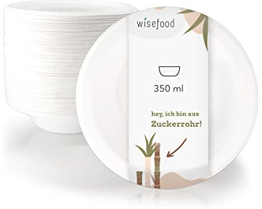 wisefood Lot de 50 bols à soupe jetables en bababaisse, ronds, blancs, 350 ml, bols en carton jetables idéal pour les frites ou la salade – Vaisselle en canne à sucre biodégradable sans PLA/PE
