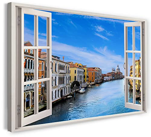Printistico Bilder Fensterblick 80x60cm Baumwoll-Leinwand auf Keilrahmen mit Aufhänger moderner Kunstdruck XXL Wandbilder Wand-Dekoration Italien Venedig Kanal Sonne Meer - Natur-Fotografie