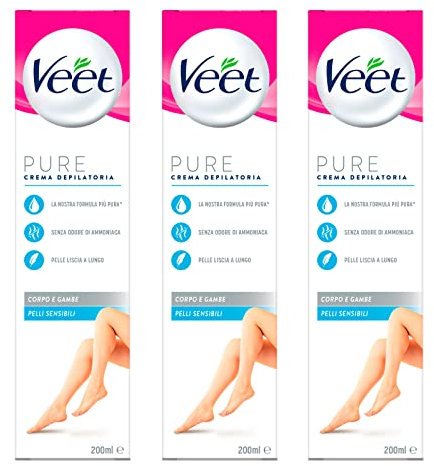 Veet 3 x Enthaarungscreme für empfindliche Haut, 2 Flaschen je 200 ml, Ammoniakfrei, Glättend, für Rücken, Brust, Beine, Arme, Achselhöhlen, Leistenhöhle, Unisex, Erwachsene