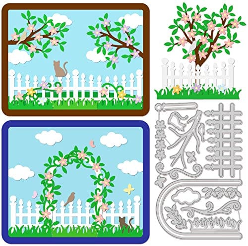 GLOBLELAND Gartenthema Schablone, Zaun Katze Vogel Baum Stanzformen für die Kartenherstellung, Dekoration und DIY Scrapbooking, Blumen Wolke Gras Reben Schneideschablone