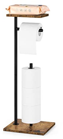 Support de papier toilette sur pied avec étagère pour rangement de papier toilette de salle de bain, marron rustique