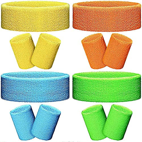 Schweißband Set 12 Stück Schweißband Handgelenk Sport Stirnband Wristband Armband Set Neon Sweatband Set Bunt Armbänder Schweißband Set für Männer und Frauen (4 Farben)