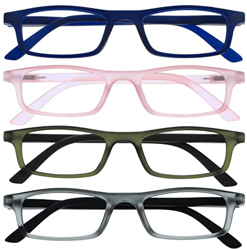 OPULIZE Ted Reading Glasses 4 Pack Narrow Matt Lightweight Frame Navy Blue Transparent Baby Pink Khaki Grey Spring Hinges Scratch Resistant Mens Womens RRRR17-3467 +2.00