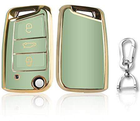 QBUC Goldener Rand Autoschlüssel Hülle für, DREI Tasten Autoschlüsselkasten, Auto kratzfestes Schlüsselgehäuse,Schlüsselhülle Cover für Polo, Skoda, Tiguan, MK(A-Grün)