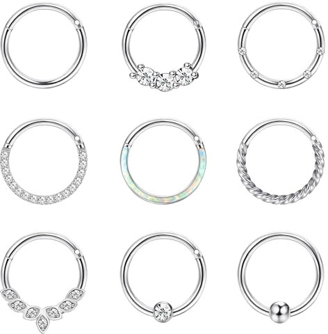 JeweBella 9PCS 16G Nasenpiercing Chirurgenstahl für Damen Hoop Septum Piercing CZ Opal Nasenring Piercing Set Knorpel Helix Piercings Ohrringe Tragus Piercing Silber Lippen Nase Ringe Daith Piercing