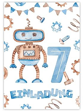 Minkocards 12 Einladungskarten zum 7. Kindergeburtstag Junge Roboter Einladungen zum siebten Geburtstag Kinder bunte Geburtstagseinladungen