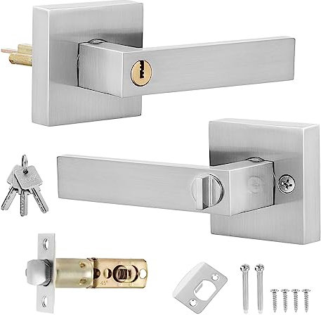 Mynoozi Square Privacy Door Lever with Locks, Doors Handle with Lock and Key, Locks Lever Door Handle Set for External, 1 Pair (Silver)