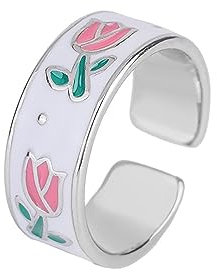 IMINI Fashion Rose Flower Band Ring for Women Girls Statement Minimalist Enamel Flowers Adjustable Open Wrap Finger Rings Comfort Fit Elegant Wedding Anniversary Birthday Jewelry Gifts