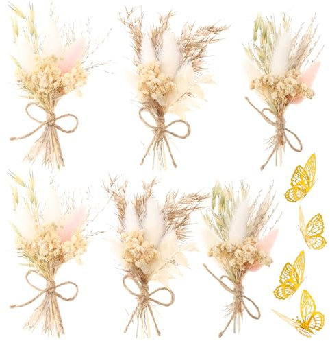 Livdouyu 6 Stück Trockenblumenstrauß Klein, Mini Trockenblumen,Mini Blumenstrauß Getrocknet, Trockenblumen Bündel Klein und 12 Schmetterlingspapiere für Machen Sie Fotos und Dekorieren Sie