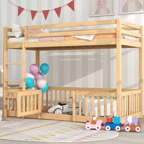 Etagenbett 90x200 cm Kinderbett Mit Fallschutz Und Gitter Hochbett Mit Rechtwinkliger Treppe Jugendbett Für Kinder Jugendliche Bodenbett Mit Zäune Und Türchen Massivholz Natur