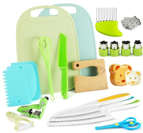 Goodchef Kit Couteau sécurité de Cuisine pour Enfants - 21 Pièces Couteau pour enfants pour la vraie cuisine des fruits et légumes pour les, enfants couteau de cuisine montessori à partir de 2 ans