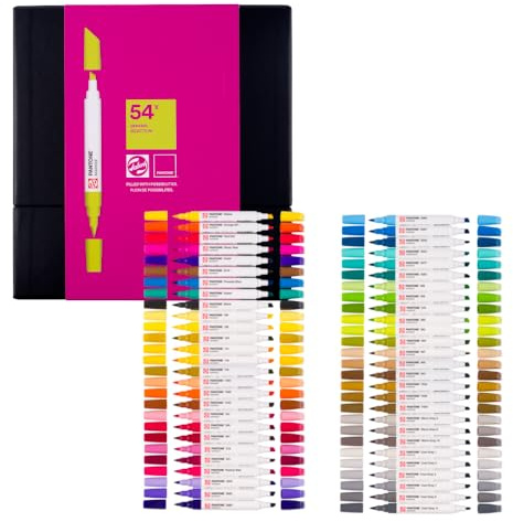 Talens Lot de 54 marqueurs Pantone | Stylos à double pointe avec pointe pinceau et pointe biseautée | Encre pigmentée à base d'eau dans des couleurs Pantone