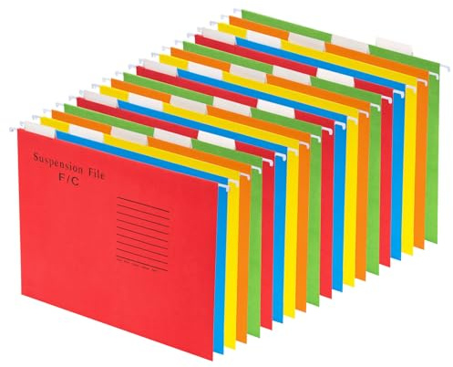 GUOKOFF Foolscap Suspension File with Tab and Insert, 20PCS Suspension File | Filing Cabinet Suspension File with Tabs and Inserts, FC Hanging Filing Folders, Filing Cabinet Dividers, 5 Colours