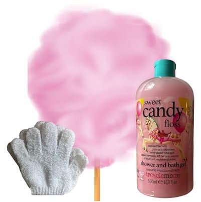 Treaclemoon Sweet Candy Floss Shower and Bath Gel (500 ml) with a Pair of Exfoliating Gloves.