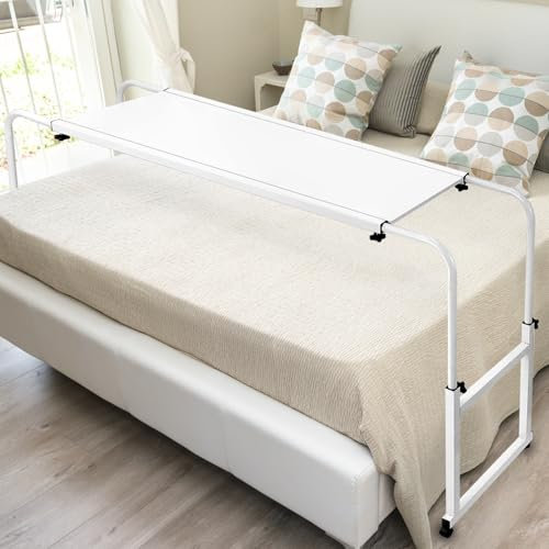 QWORK® Table de lit réglable en Hauteur et en Largeur sur roulettes, Table roulante idéale pour la Maison et Le Bureau, multifonctionnelle comme Table d'appoint, Table de lit, Bureau