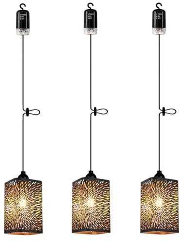 EcoGehen 3x Dekorative Hängelampe Deckenlampe ohne Strom Batterie Hängeleuchte Batteriebetriebene Schwarz Golden Metall Lampenschirm Pendelleuchte für Schlafzimmer Weihnachten Party Pavillon Geschenk