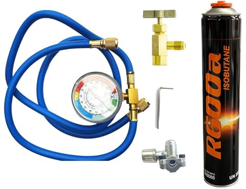 Füllset Kältemittel R600a 750ml 420g + Entnahmeventil + Manometerschlauch + Adapter BPV-31 für Klimaanlage, Wärmepumpe, Kühlschrank
