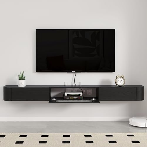 Pmnianhua Floating TV Stand, Solid Wood Wall Mounted TV Cabinet, Floating Shelves with Glass Door & Drawers, Mid-Century Entertainment Media Console Center Large Storage Under TV (160cm, Black)