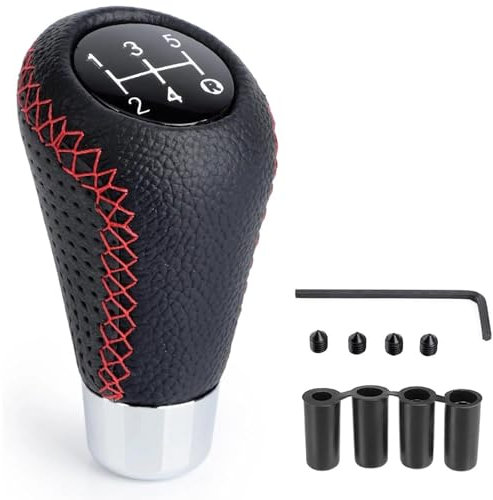 StRoux Auto Schaltknauf Abdeckung für Nissan Micra Leaf Pathfinder, Universal Manueller Schaltknauf Leder Schalthebel Hebel 5 Gang Stick Shifter Anti-Rutsch Mit 4 Adaptern Zubehör,B/Black Red Line