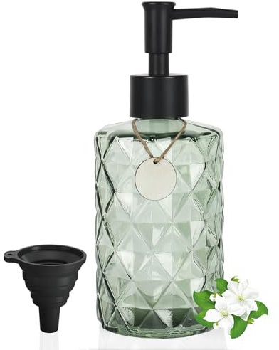 GKSCXEXE 330ml Seifenspender Grün, Spülmittelspender Küche, Glas Handseifenspender für Bad, Pumpspender mit Hölzerne Etiketten, Schwarzer Trichter, Kunststoffpumpe für Duschgel, Shampoo