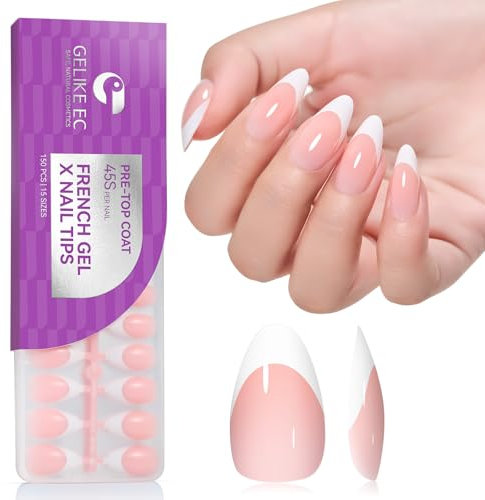 Gelike ec Weiches Gel Press On Nails: Rosa French Mandel Nägel Tips Medium Full Cover Nägel zum Aufkleben No Need Top Coat for Salonqualität Angenehmes Tragegefühl 150pcs 15 Größe