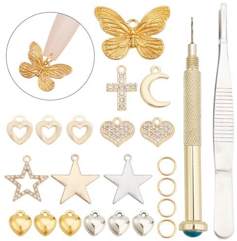 DELORIGIN 153pcs Star Dangle Nail Art Charms Sets Cross Moon Heart Pendant Nail Jewelry Rings with Nail Piercing Tool Hand Bore Gels Decorations for Women DIY Nail Design Tips Craft Jewelry Making