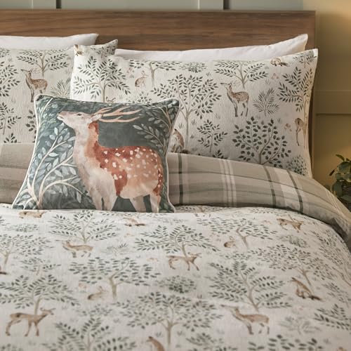 Dreams & Drapes - Copripiumino Naturale Foresta Cervo - Letto Matrimoniale (200 x 200cm) - Design Reversibile - Super Morbido 100% Cotone - Copripiumino Flanella in Naturale - Biancheria da letto