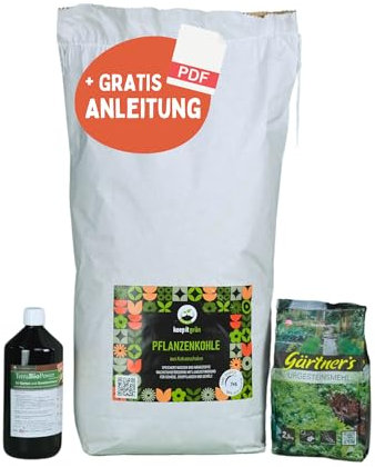 keep it grün kleines Terra Preta Starter-Set | für 200l Terra Preta | inklusive 7kg Pflanzenkohle & 2,5kg Urgesteinsmehl & 1l Mikroorganismen | zum selber anmischen | dauerhaft fruchtbare Erde