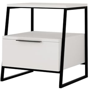 FWStyle Matt White Bedside Table 1 Drawer Black Metal Frame 45cm