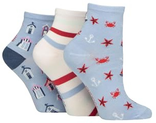 SockShop Women's Bamboo Ankle Socks - Plain, Patterned, Striped, Floral, Colourful, Bright, Smooth Toe Seams 3 Pairs Size 4-8 (UK, Numeric, 4, 8, Regular, Regular, Patterned Nautical)
