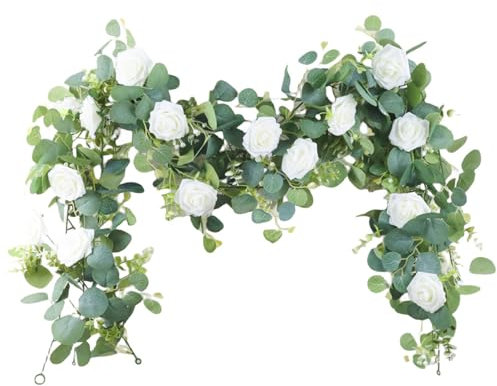 2pcs Eucalyptus Guirlande avec des Roses Blanches, Guirlande Florale réaliste Artificielle 6ft de Noël Eucalyptus Garland décor pour la Table de mariée