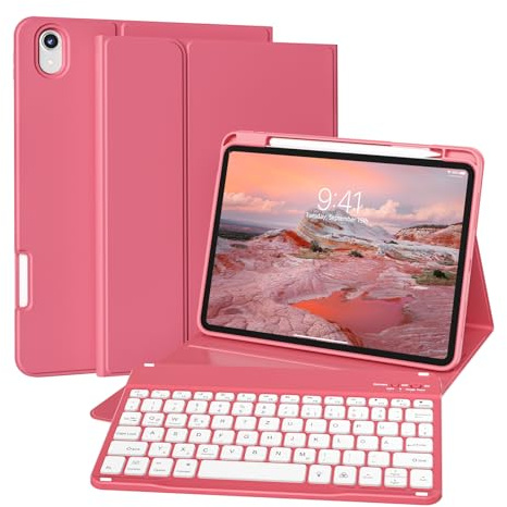 ZKTUYU Hülle mit Tastatur für iPad (A16) 11./10. Generation 2025/2022 | für iPad 11/10 Gen (11/10,9 Zoll) mit Stifthalter, Magnetisch Abnehmbare Tastatur, QWERTZ Layout, Wassermelonenrot