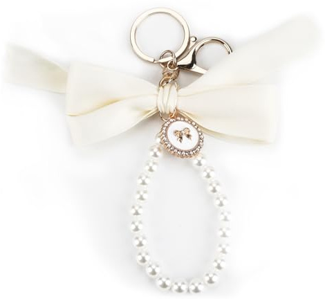 MUCOOS Cute Beige Bow Keyring, Ribbon Bow Design with Imitation Pearl Bracelet Keyring, Gift for Women, Gift for Friends, Key Chain for Women, Birthday Gift for Girlfriend, Thoughtful Gift