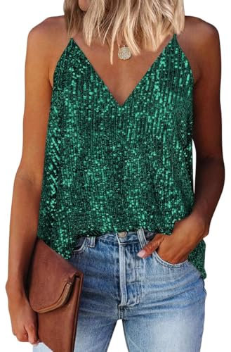 EUDOLAH Mujer Lentejuelas Top Cuello V Sin Mangas Verano Halter Chaleco Casual Suelto Moda Playa Fiesta(Verde Oscuro,M)