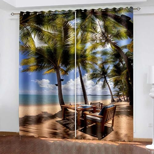 Beydodo Vorhänge Blickdicht mit Ösen 2er Set 244x229CM, Verdunkelungsvorhang Kinderzimmer Landschaft Kokospalmen Strand Gardinen Verdunkelnd Schlafzimmer Wohnzimmer