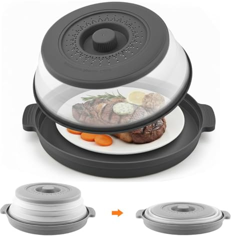 10.7-Inch Microwave Splatter Guard – Foldable Food Cover with Heat-Resistant Base & Ventilated Lid, Dual-Use Plate Stand and Kitchen Strainer (Black)