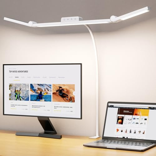 EppieBasic LED Desk Lamp, 24W Desk Lights for Home Office, 1200LM 3-Light Bars Office Lamp, Eye Care Goose-Neck Monitor Lamp 4 Color Modes Stepless Dimming 30Min Timer White