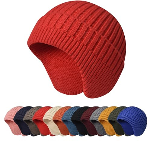 Enwokran Wintermütze Herren mit Ohrenklappen, Warme Beanie Strickmütze, Weiche Grobstrickmütze Winter Mütze,Atmungsaktiv Weich Sportmütze für Herren und Damen Outdoor (Rot)