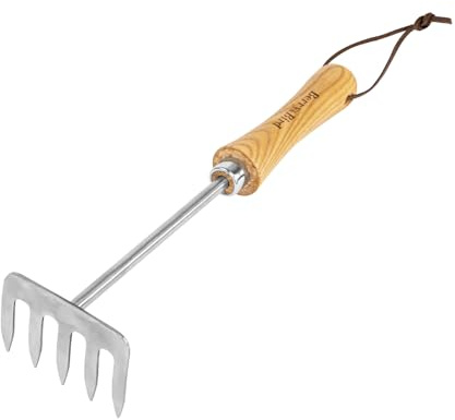 Berry&Bird Stainless Steel Straight-Handle Hand Cultivator, 5-Tine Hand Tiller with Ergonomic Wooden Handle and Leather Loop, Metal Garden Small Rake for Digging, Aerating, Weeding and Soil Loosening