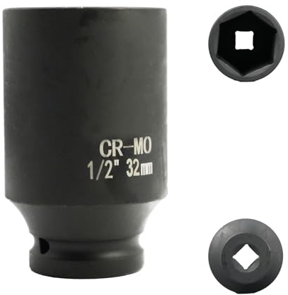 Flewdart 32mm deep Impact Socket 1/2 Drive, 32 mm 1/2 Square Drive 6 Point Cr-Mo, 78mm Length (1/2 32mm)