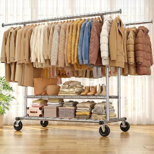 Klyvvo 128-189cm Ausziehbare Kleiderständer auf Rollen mit 2 Lagernetzen | 200 kg Traglast, 128-189cm Ausziehbare Kleiderständer,151-175cm Höhenverstellbar Kleiderstange für Kleider,Jacken,Verchromt